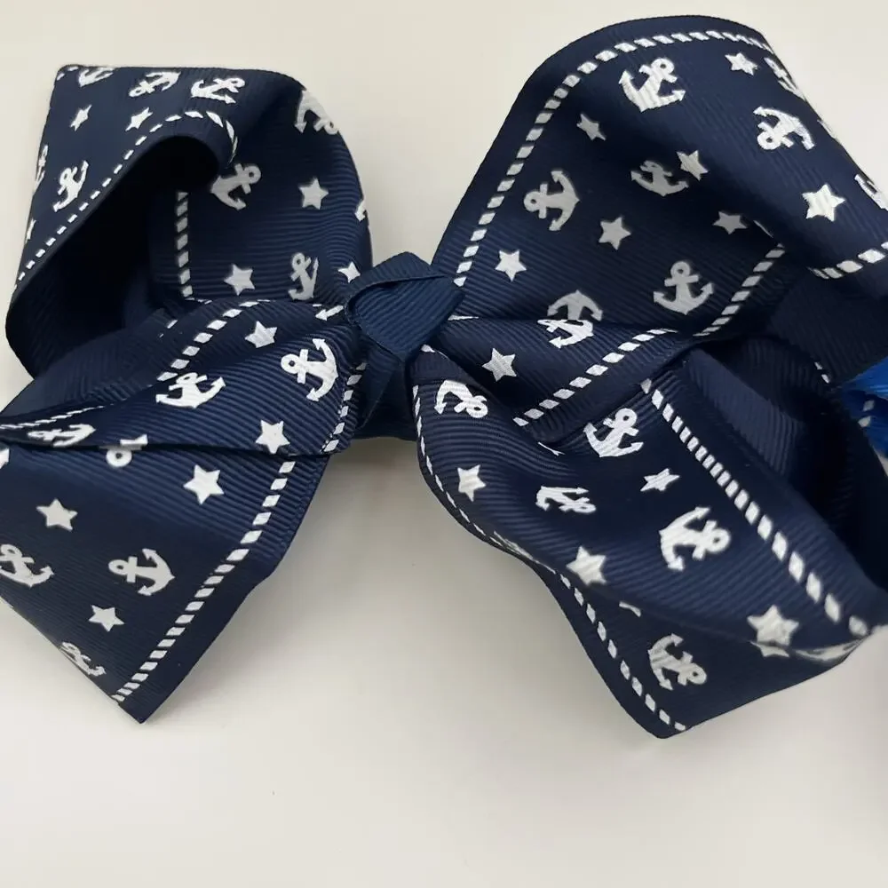Lot Of 2 Ribbon Designed 6” Bow Clips Blue Light Blue Anchors Alligator